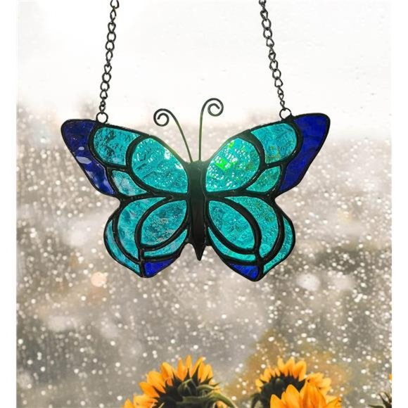 Blue Butterfly Suncatcher Stained Glass Window Hanging Panel 5.9×5.3Inch - Picture 2 of 6